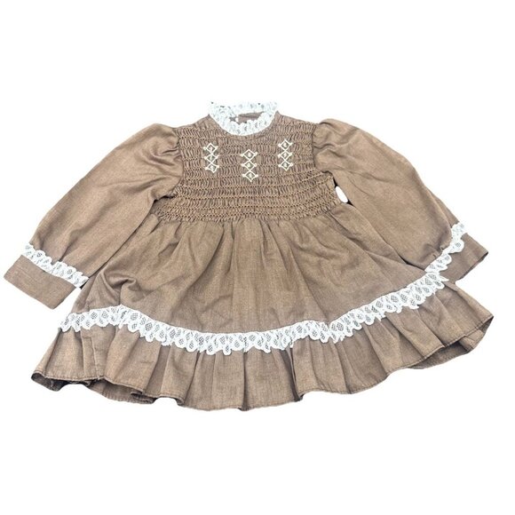 VTG Polly Flinders Brown Smocked Lace Floral Long Sleeve Button Back Dress Sz 3T - Picture 1 of 8